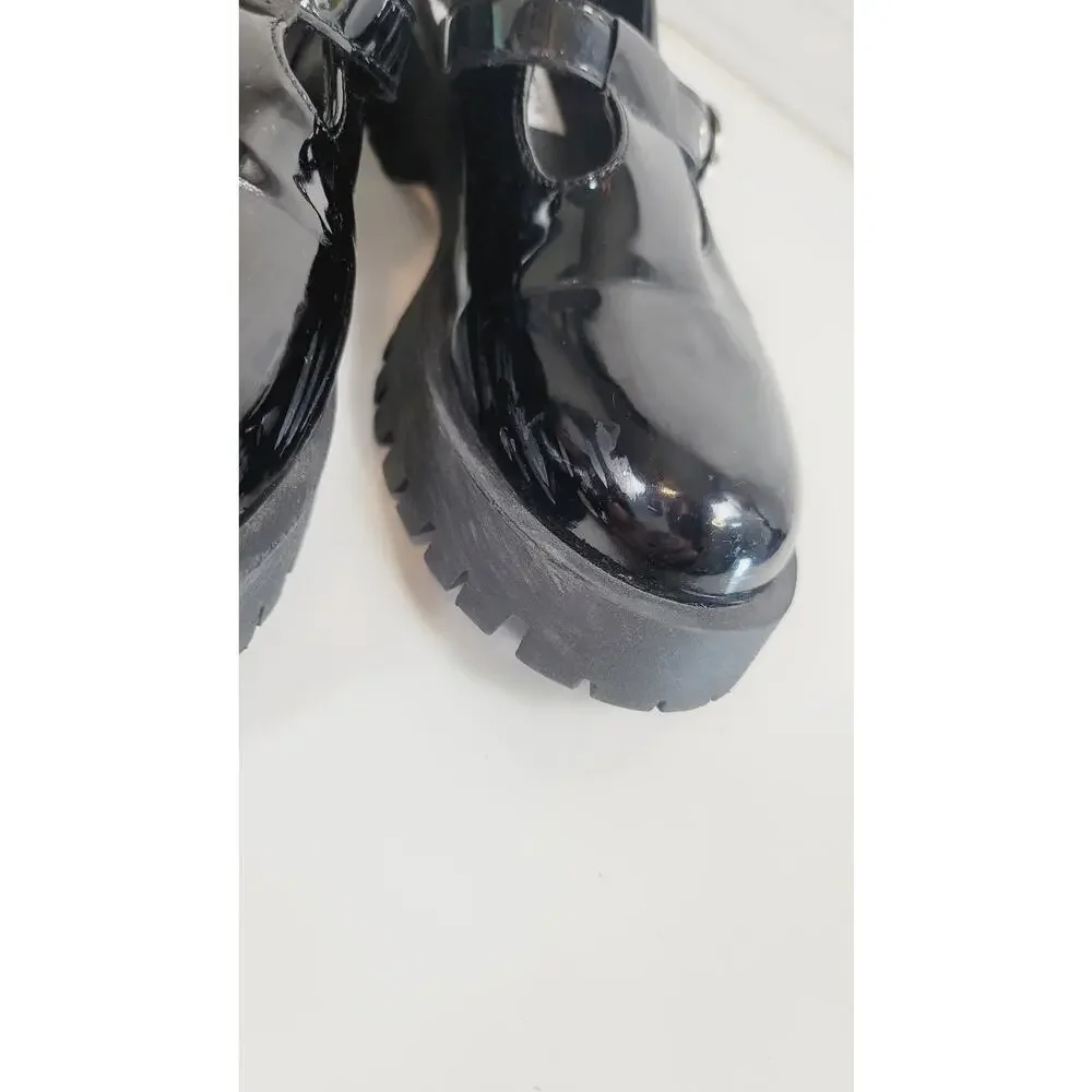 STEVE MADDEN PLATFORM MARY JANES IN PATENT BLACK, SZ 9.5